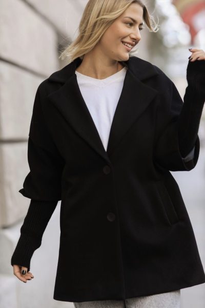 Płaszcz jodełka sweterkowy rękaw – Czarny, UNI