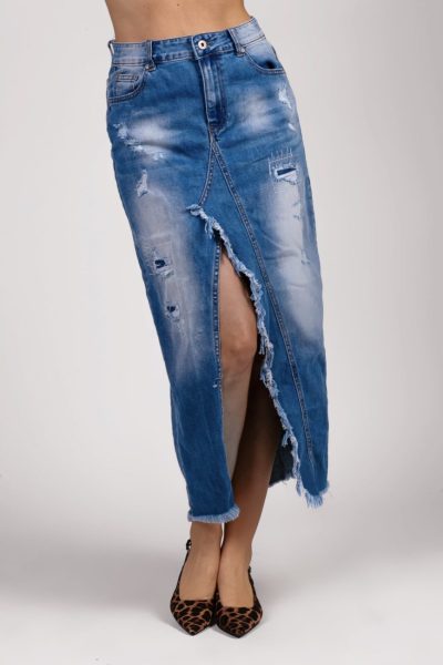 Spódnica jeans rozcięcie szarpane – Niebieski, S