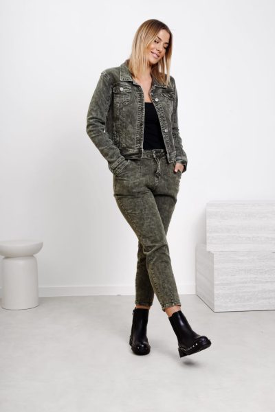Spodnie jeans dekatyzowane – Oliwka, S