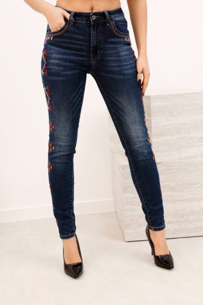 Spodnie jeans haftowany bok – Niebieski, M