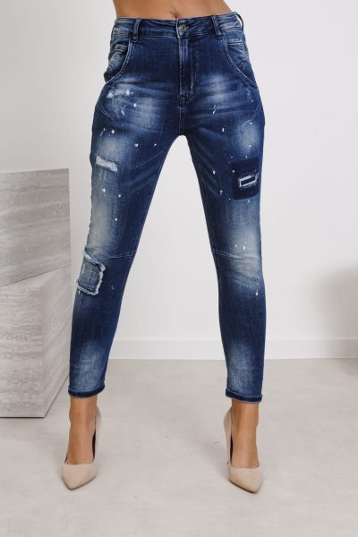 Spodnie jeans łatki farba – Niebieski, XS