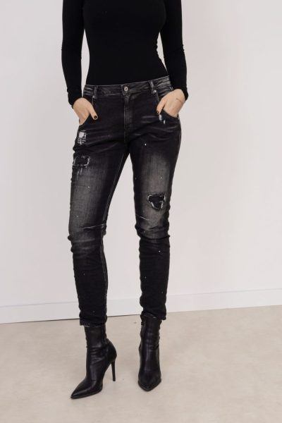 Spodnie jeans wycierane łatki – Czarny, M