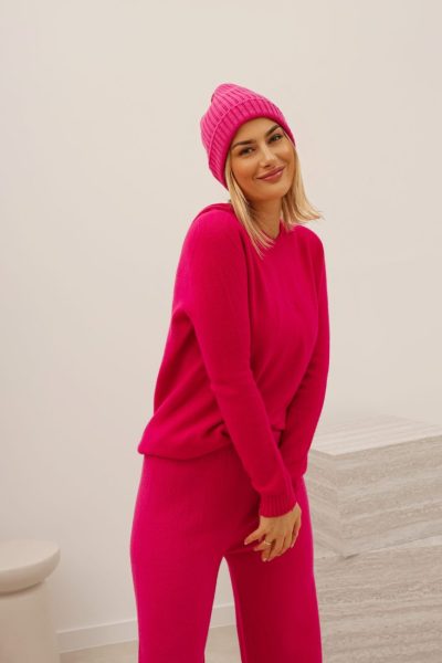 Sweter dzianina kaptur – Fuksja, UNI