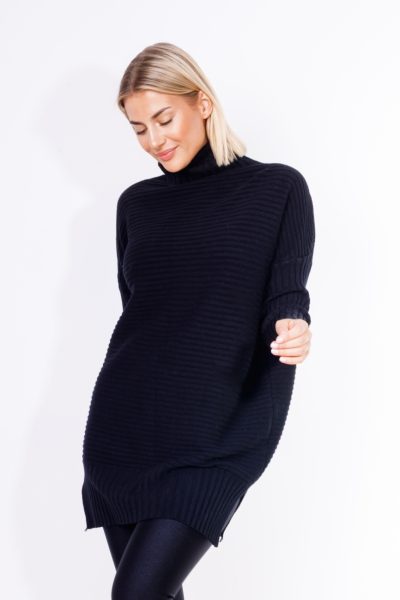 Sweter golf długi poprzeczny prążek – Czarny, UNI