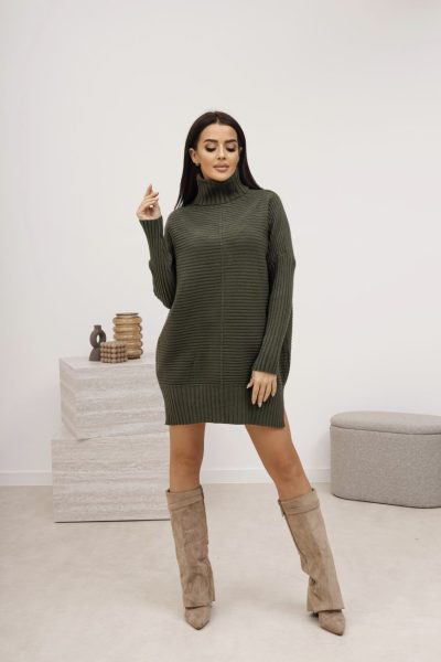 Sweter golf długi poprzeczny prążek – Oliwka, UNI