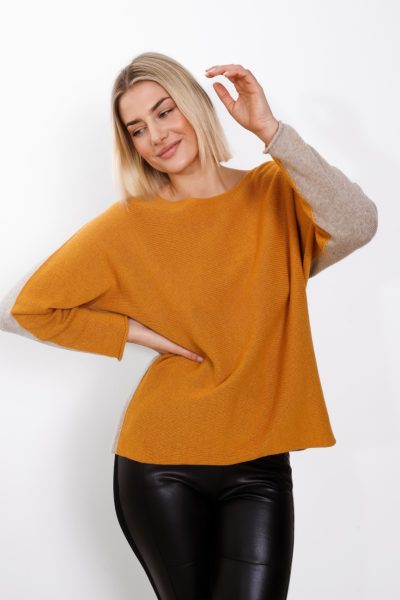 Sweter kaszmir dwukolorowy – Musztarda/fango, UNI