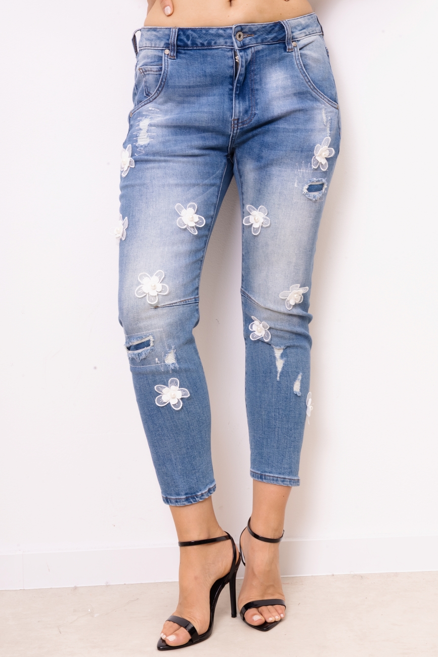 Spodnie jeans przeszycia kwiatki perełki – Niebieski, S Spodnie jeans przeszycia kwiatki perełki – Niebieski, S
