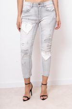 Spodnie jeans serduszka perełki – Jasny szary, S