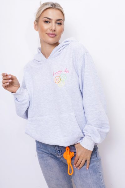 Bluza kaptur emotka Happy Life – Szary, UNI