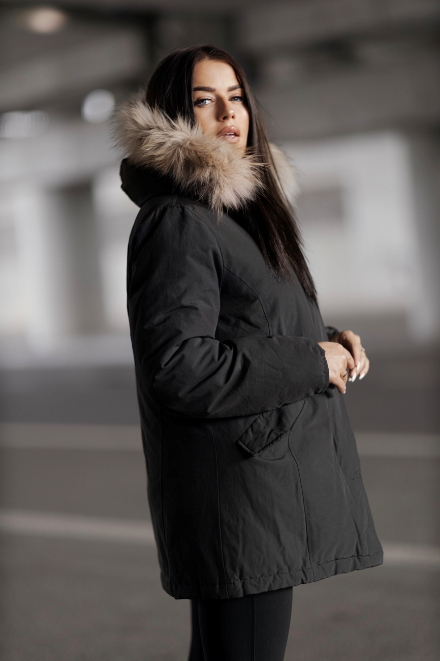 Kurtka parka kaptur futerko – Czarny, L