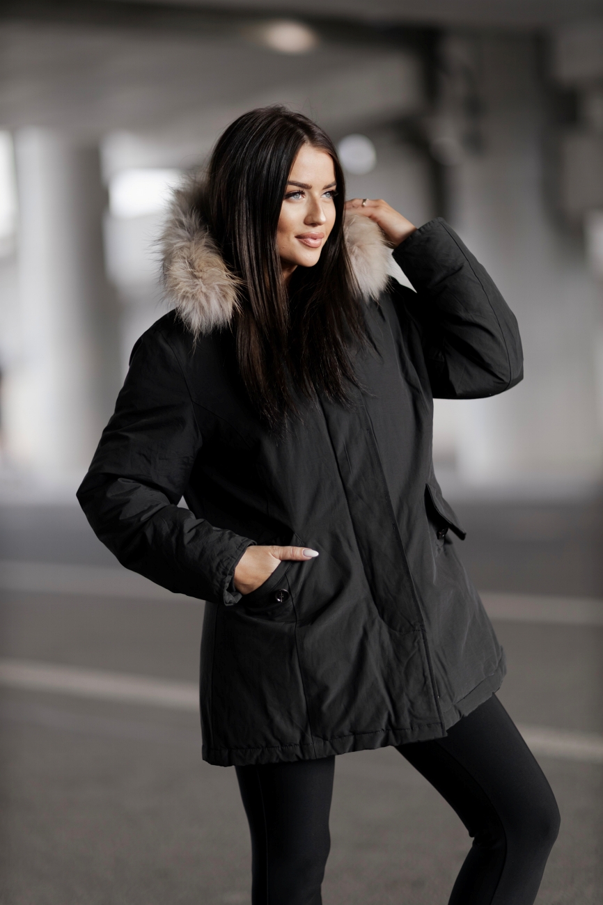 Kurtka parka kaptur futerko – Czarny, L