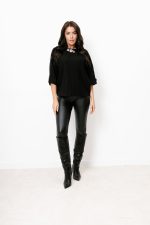 Sweter dekolt broszka kamienie – Czarny, UNI