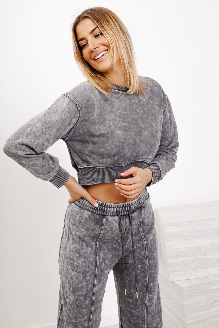 Komplet dekatyzowany krótka bluza – Szary, S/M