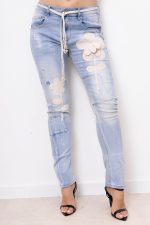 Spodnie jeans kwiaty szydełko – Niebieski, S