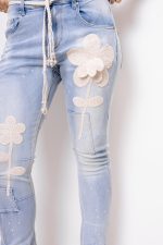 Spodnie jeans kwiaty szydełko – Niebieski, S